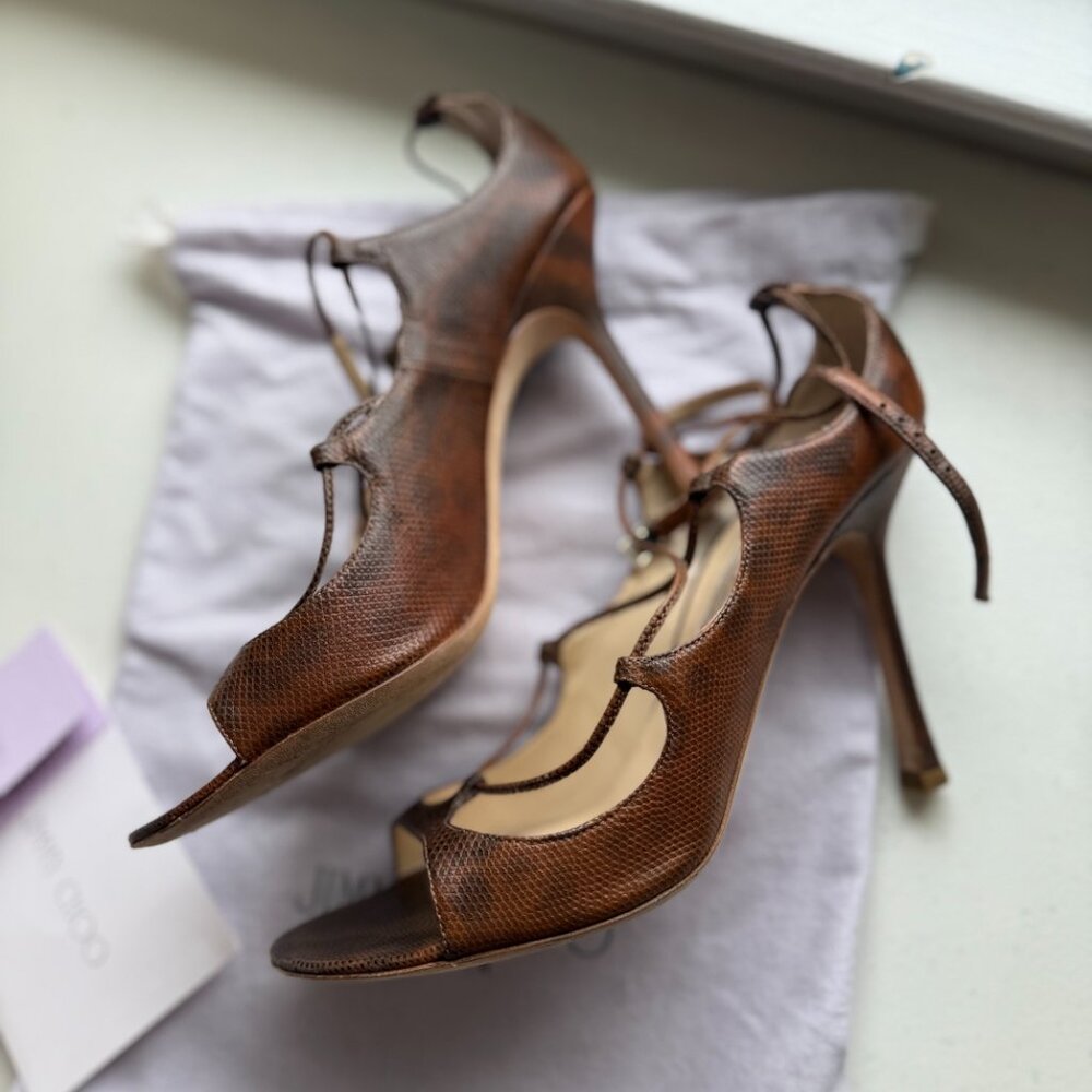 🤎✨ Jimmy Choo Tobacco Karung Skin Lace-Up Heels Size 40 (US 9–9.5) 🤎✨ - Picture 14 of 16